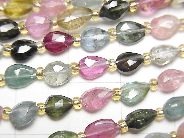 [Video] High Quality Multicolor Tourmaline AAA- Vertical Hole Faceted Pear Shape 1strand beads (aprx.7inch / 18cm)