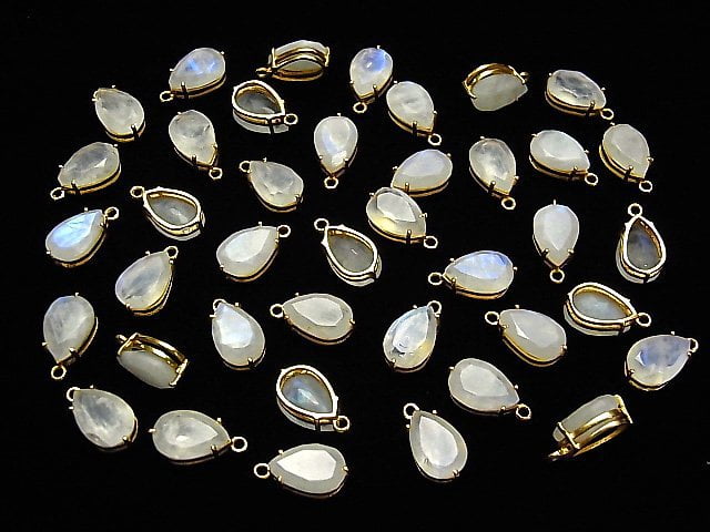 High Quality Rainbow Moonstone AA++ Bezel Setting Pear shape Faceted 12x8mm 18KGP 2pcs