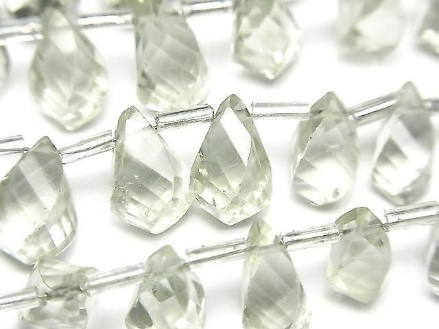 [Video] High Quality Green Amethyst AAA Drop 4 Faceted Twist Faceted Briolette Half or 1 Strand Bead (approx. 7 inches/17 cm)