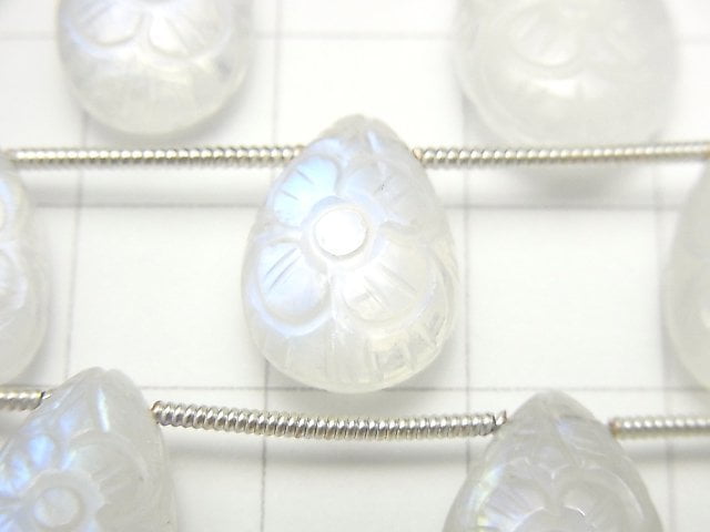 [Video] High Quality Rainbow Moonstone AAA- Carved Pear shape 1strand (5pcs)