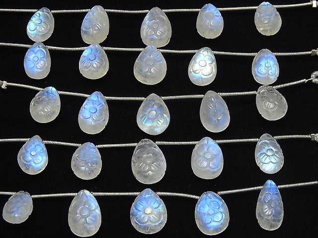 [Video] High Quality Rainbow Moonstone AAA- Carved Pear shape 1strand (5pcs)