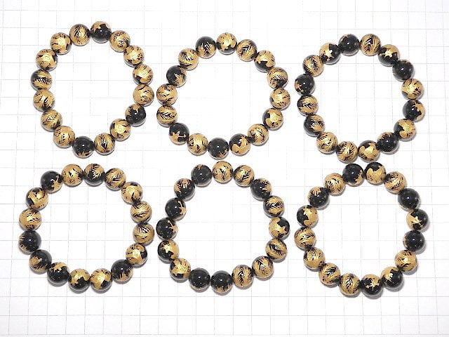 Golden! Phoenix (Four Divine Beasts) Carved! Onyx Round 12mm half or 1strand Bracelet