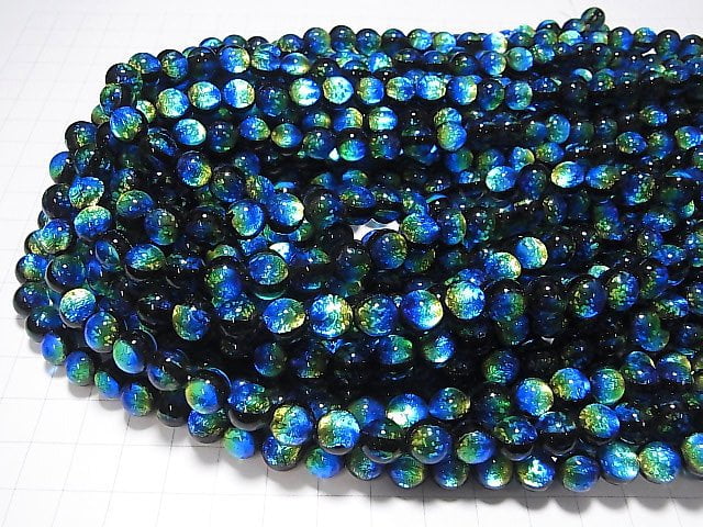 [Video] Lampwork Beads (Kerama Marine) Round 8mm [Blue x Yellow/Luminous type] 1/4 or 1strand beads (aprx.14inch/34cm)