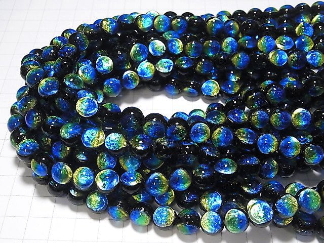 [Video] Lampwork Beads (Kerama Marine) Round 10mm [Blue x Yellow/Luminous type] 1/4 or 1strand beads (aprx.15inch/36cm)