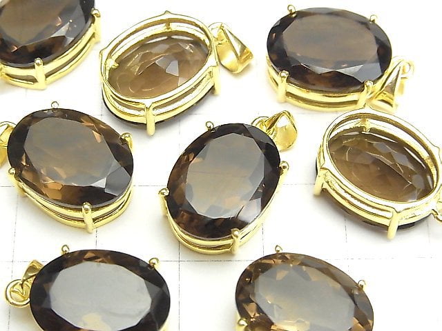 [Video] High Quality Smoky Quartz AAA Oval Faceted Pendant 16x12mm 18KGP 1pc