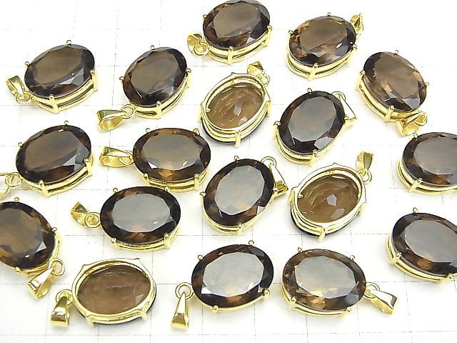 [Video] High Quality Smoky Quartz AAA Oval Faceted Pendant 16x12mm 18KGP 1pc