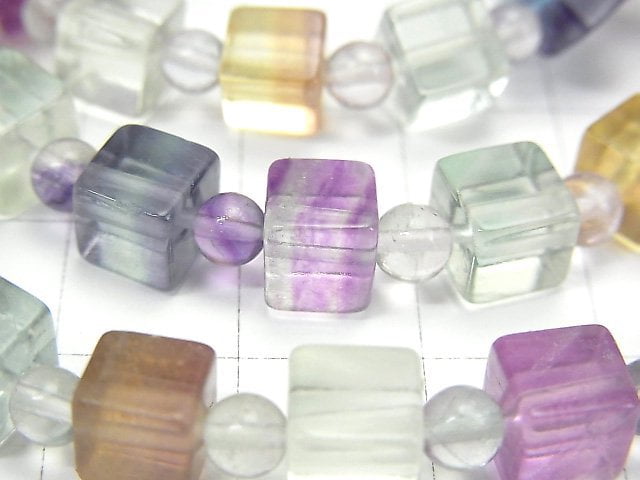 [Video] Multicolor Fluorite AAA Cube 6mm & Round 4mm Bracelet