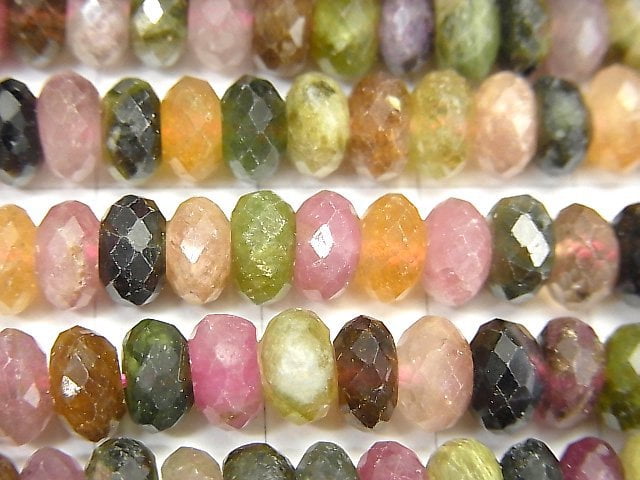 [Video] High Quality! Multicolor Tourmaline AA++ Faceted Button Roundel 6x6x3.5mm half or 1strand beads (aprx.15inch / 38cm)