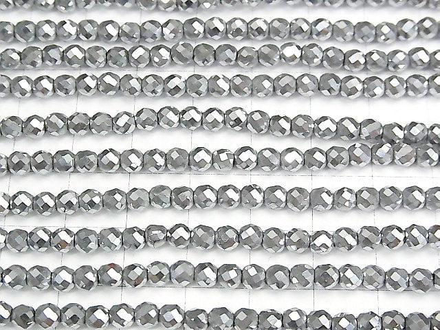 [Video] High Quality! Hematite 32Faceted Round 4mm Silver Coating 1strand beads (aprx.15inch / 37cm)
