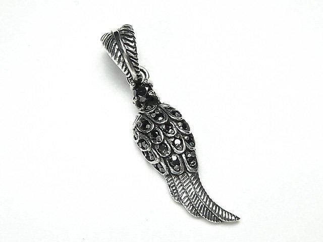 Silver 925 Feather Pendant with CZ, 25x8x3.5mm [Black] 1pc