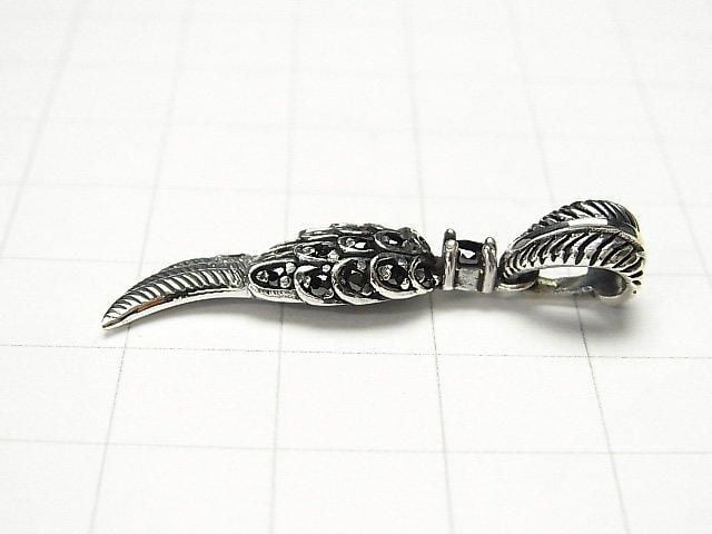 Silver 925 Feather Pendant with CZ, 25x8x3.5mm [Black] 1pc