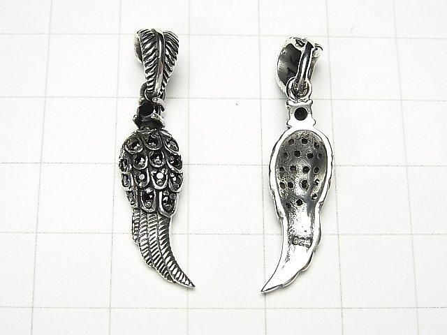 Silver 925 Feather Pendant with CZ, 25x8x3.5mm [Black] 1pc