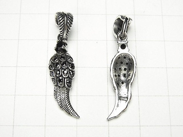 Silver925 Feather Pendant with CZ 25x8x3.5mm [Black] 1pc