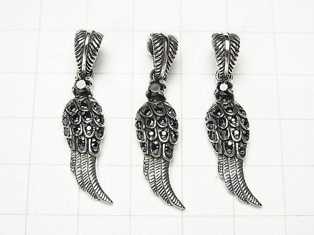 Silver 925 Feather Pendant with CZ, 25x8x3.5mm [Black] 1pc