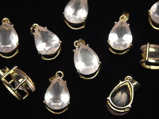 [Video] High Quality Rose Quartz AAA Pear shape Faceted Pendant 14x10mm 18KGP