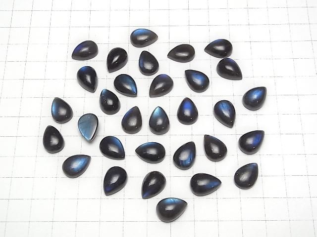 高品質黑色拉長石 AAA- 梨形蛋面切工 14x10mm 2顆