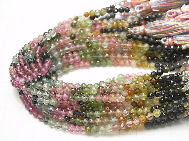 [Video] High Quality! Multicolor Tourmaline AAA Faceted Round 4mm Color Gradation half or 1strand beads (aprx.7inch / 18cm)