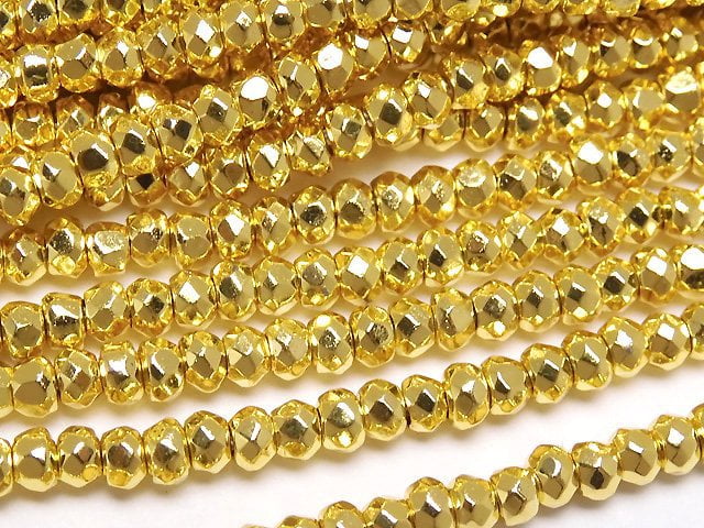 [Video]Hematite Faceted Button Roundel 3x3x1.5mm Gold Coated 1strand beads (aprx.14inch/35cm)