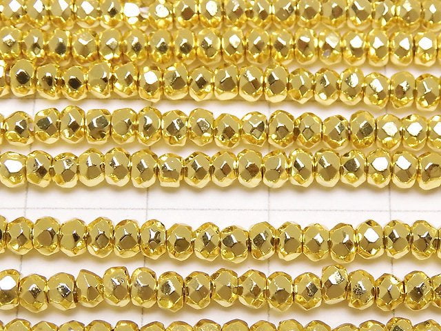 [Video]Hematite Faceted Button Rondelle 3x3x1.5mm Gold Coated 1strand beads (aprx.14inch/35cm)