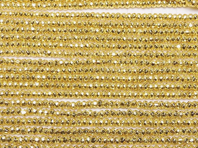 [Video]Hematite Faceted Button Rondelle 3x3x1.5mm Gold Coated 1strand beads (aprx.14inch/35cm)