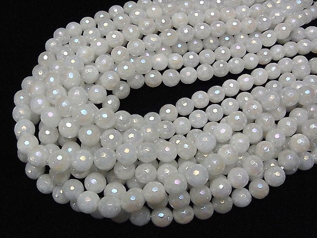 [Video] White Jade 128Faceted Round 10mm coating 1strand beads (aprx.15inch / 36cm)