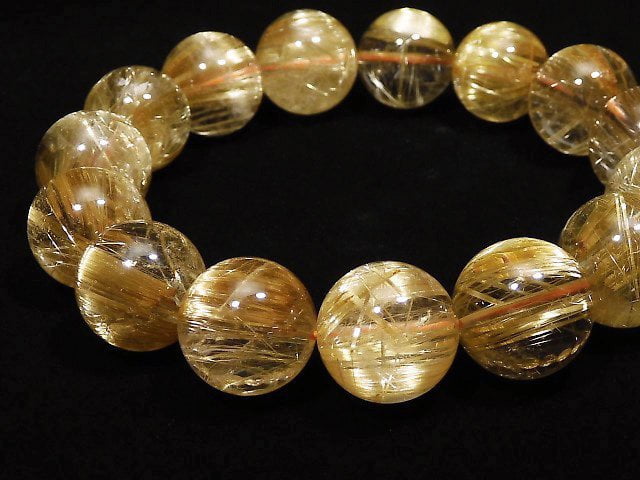 [Video][One of a kind] Top Quality Golden Rutilated Quartz AAAA Round 14mm Bracelet NO.1