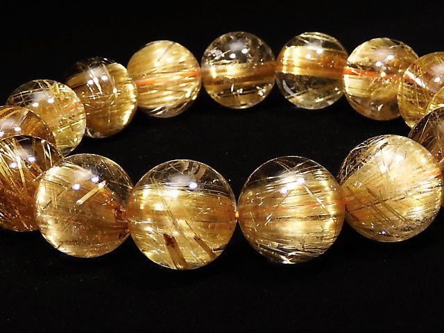 [Video][One of a kind] Top Quality Golden Rutilated Quartz AAAA Round 14mm Bracelet NO.100