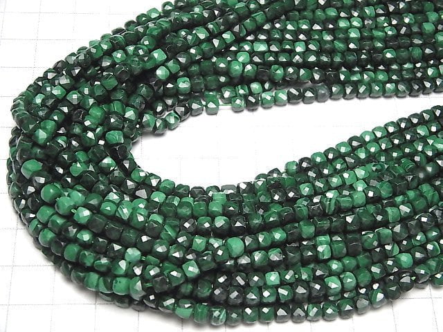 [Video] High Quality! Malachite AA++ Cube Shape 4x4x4mm half or 1strand beads (aprx.15inch / 38cm)