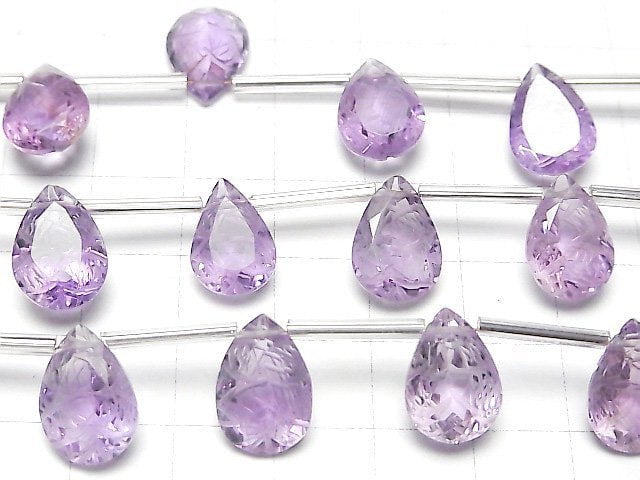 [Video]High Quality Amethyst AAA- Carved Pear shape Faceted 14x10mm 1strand (6pcs )