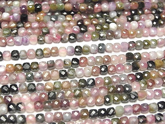 [Video] High Quality! Multicolor Tourmaline AA+ Cube Shape 4x4x4mm half or 1strand beads (aprx.15inch / 37cm)