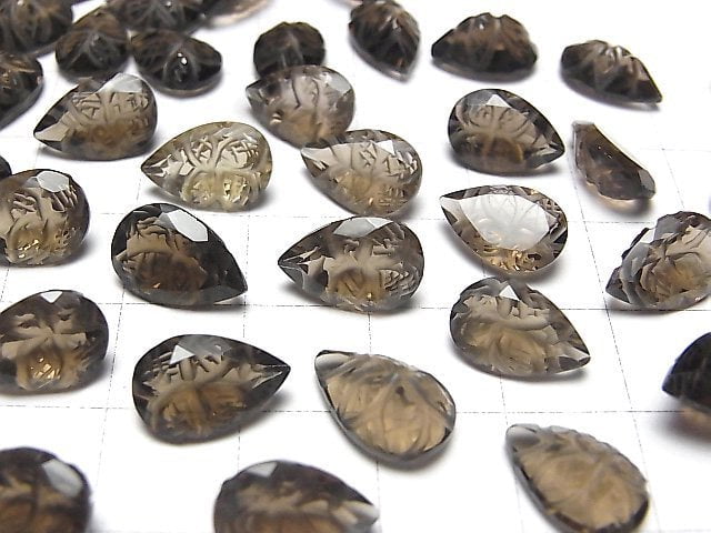 [Video] High Quality Smoky Quartz AAA Carved Pear shape Faceted 12x8mm 3pcs