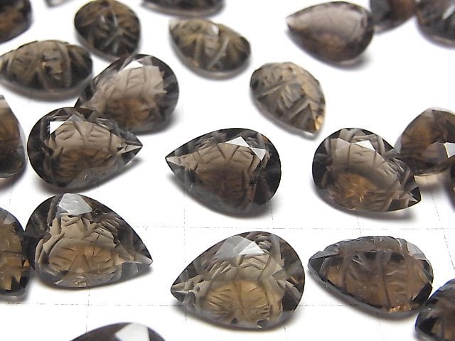 [Video] High Quality Smoky Quartz AAA Carved Pear shape Faceted 14x10mm 2pcs