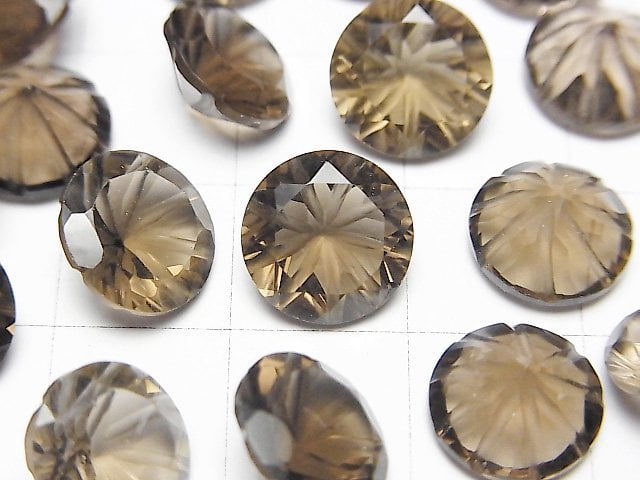 [Video] High Quality Smoky Quartz AAA Carved Round Faceted 10x10mm 2pcs