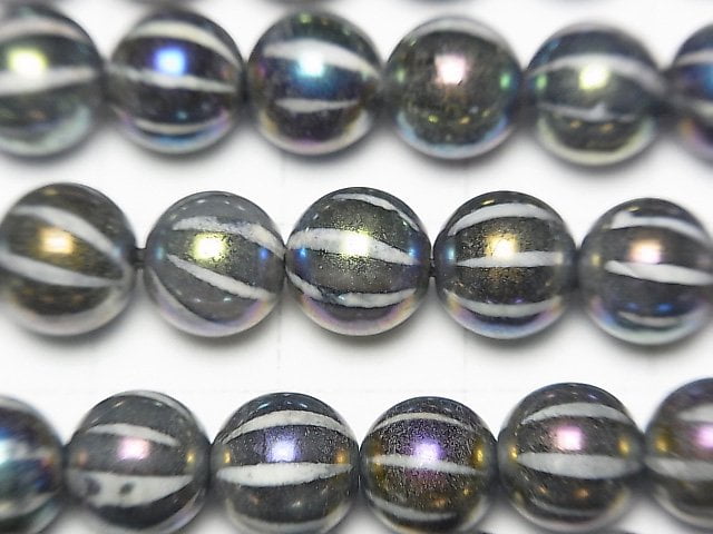 [Video] Line Carved Metallic Color Agate Round 8mm AB Coating [Dark Color] 1strand beads (aprx.14inch / 35cm)