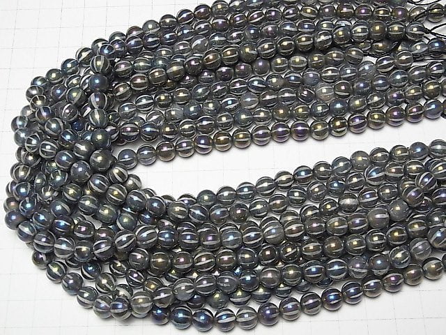 [Video] Line Carved Metallic Color Agate Round 8mm AB Coating [Dark Color] 1strand beads (aprx.14inch / 35cm)