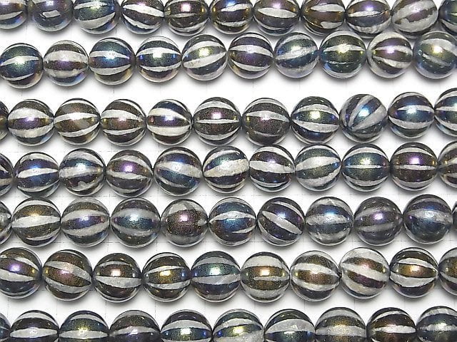 [Video] Line Carved Metallic Color Agate Round 10mm AB Coating 1strand beads (aprx.15inch / 36cm)