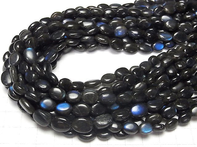 [Video] High Quality Black Labradorite AA++ Oval-Flat Nugget half or 1strand beads (aprx.13inch / 32cm)