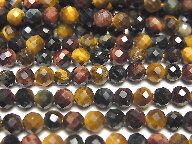 High Quality! Tiger's Eye AAA- 3 Color Mix 32Faceted Round 4mm 1strand beads (aprx.15inch / 37cm)