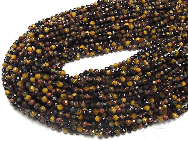 High Quality! Tiger's Eye AAA- 3 Color Mix 32Faceted Round 4mm 1strand beads (aprx.15inch / 37cm)