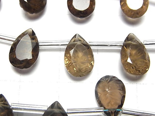 [Video] High Quality Smoky Quartz AAA Carved Pear shape Faceted 12x8mm 1strand (8pcs)