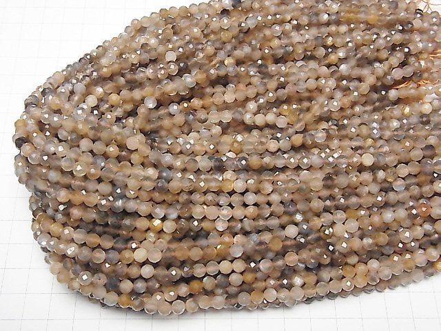 [Video] High Quality! Silver Shine Brown Moonstone AAA- Faceted Round 5mm 1strand beads (aprx.15inch / 37cm)