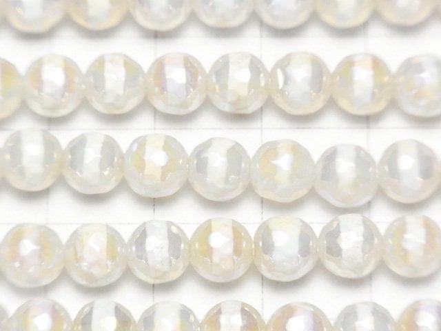 [Video] Line Carved White color Agate Faceted Round 6mm AB Coating 1strand beads (aprx.14inch / 35cm)