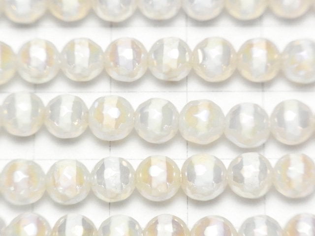 [Video] Line Carved White color Agate Faceted Round 6mm AB Coating 1strand beads (aprx.14inch / 35cm)