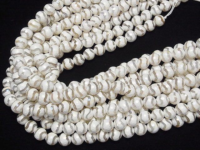 [Video] S-shaped Line Carved White color Agate Faceted Round 10mm AB Coating 1strand beads (aprx.15inch / 36cm)