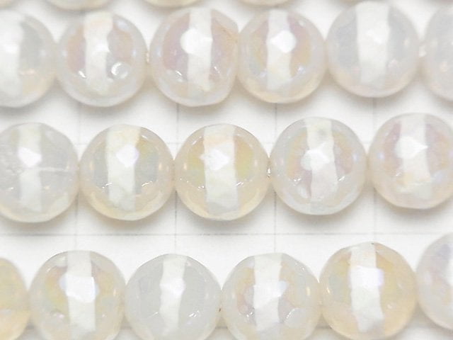 [Video] Line Carved White color Agate Faceted Round 10mm AB Coating 1strand beads (aprx.14inch / 35cm)