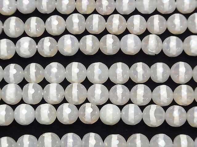 [Video] Line Carved White color Agate Faceted Round 10mm AB Coating 1strand beads (aprx.14inch / 35cm)