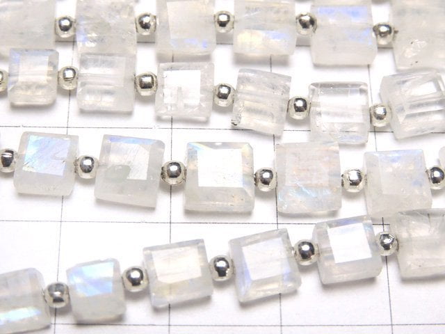 [Video]High Quality Rainbow Moonstone AA++ Faceted Square 1strand beads (aprx.7inch/19cm)