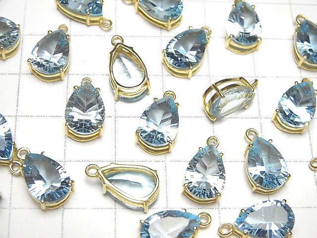 [Video] High Quality Sky Blue Topaz AAA Bezel Setting Pear shape Concave Cut 12x8mm 18KGP 1pc