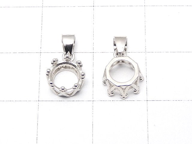 [Video]Silver925 Crown Pendant Frame Round Faceted 6mm Rhodium Plated 1pc