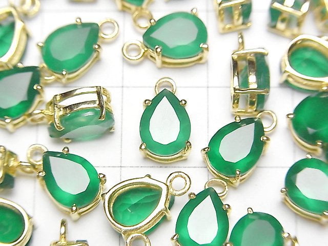 [Video] High Quality Green Onyx AAA Bezel Setting Pear shape Faceted 8x6mm 18KGP 2pcs